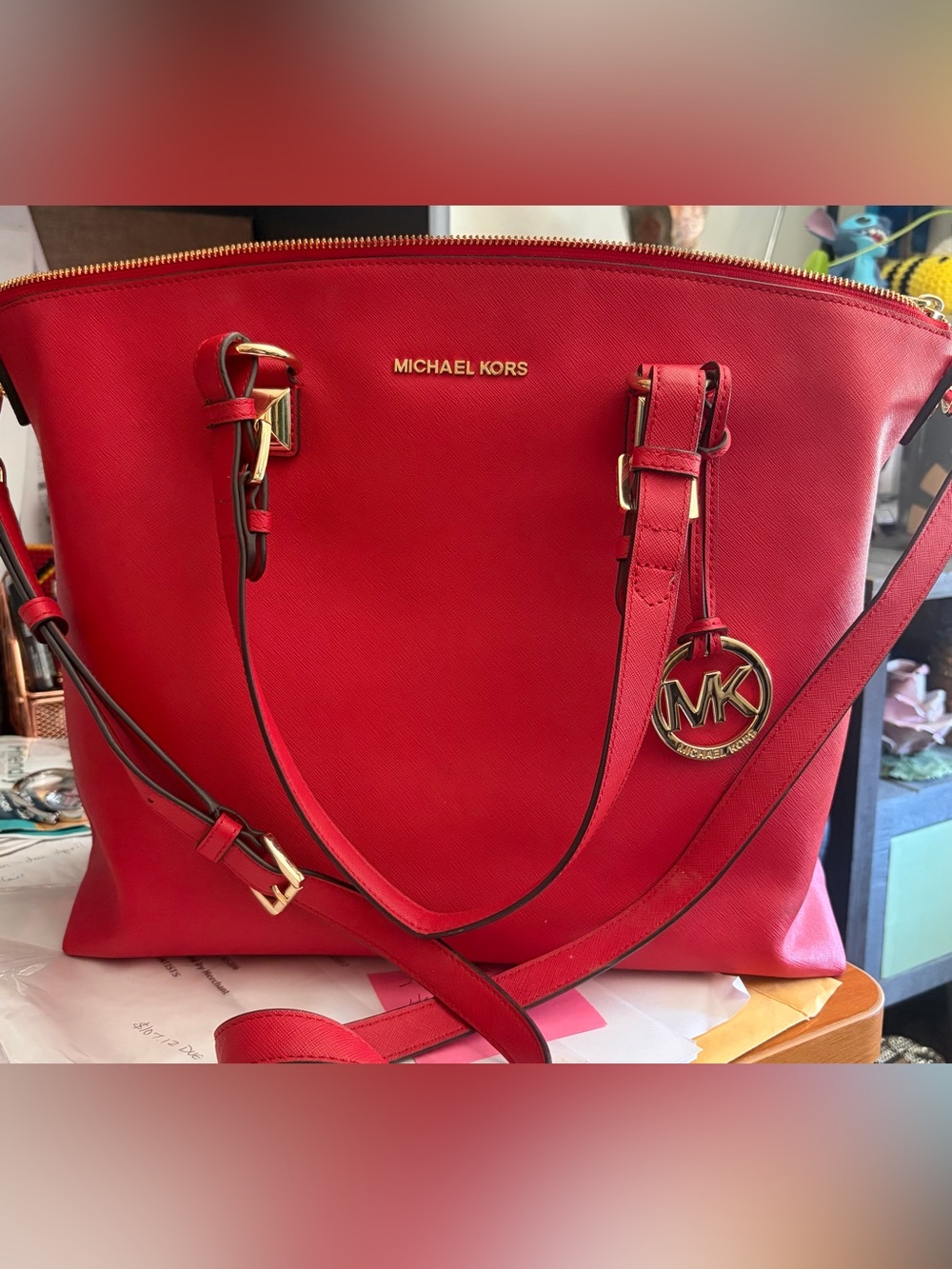 Michael Kors MK saffiano leather tote in cherry red.